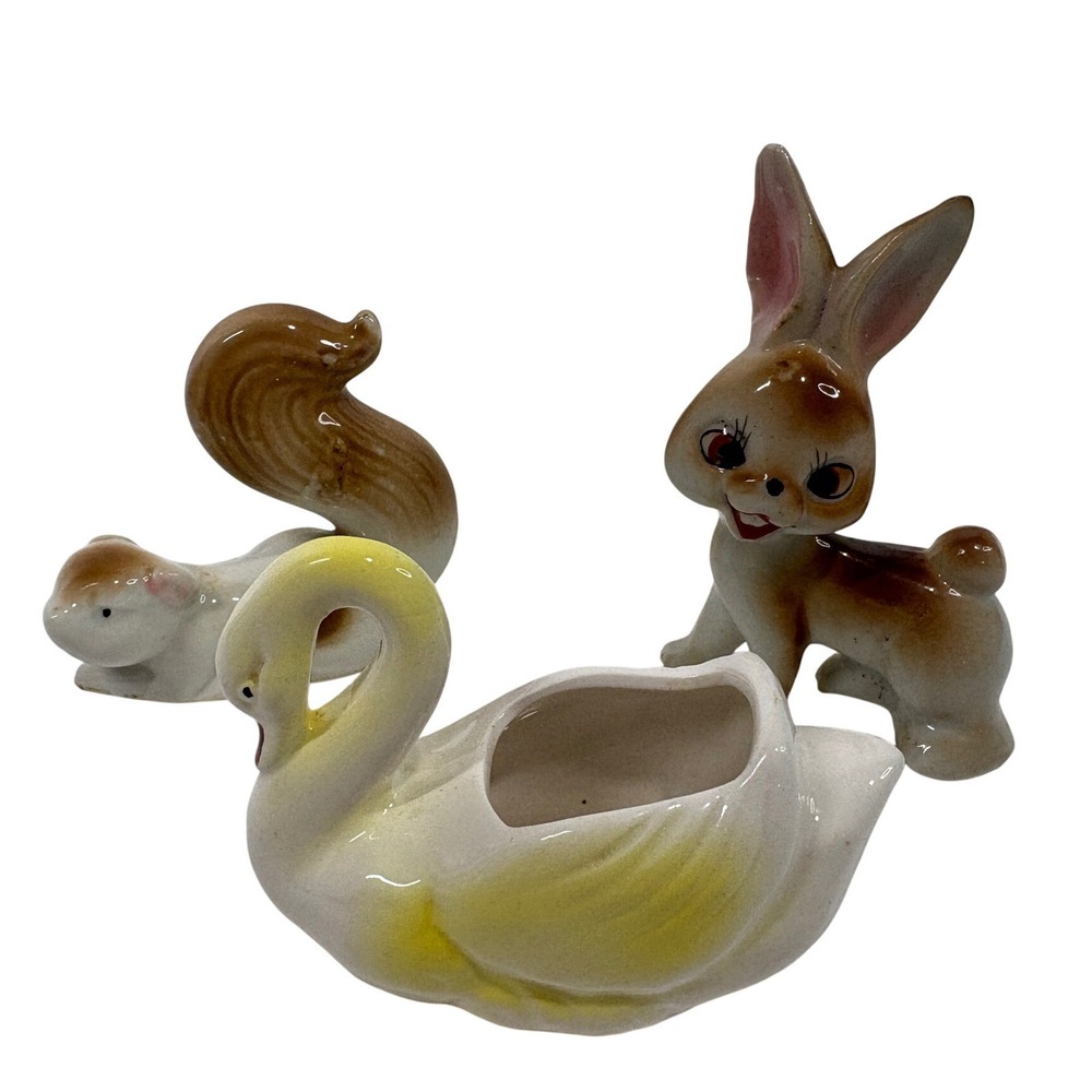Vintage Japan Ceramic Figurine Set Swan Planter Rabbit Squirrel Mid Century MCM